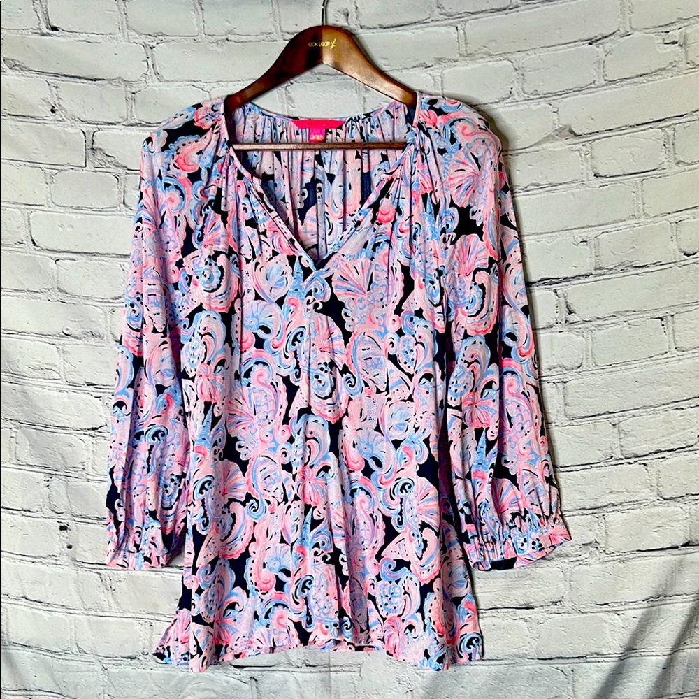 Lilly Pulitzer Blue & Pink Long Sleeve V-Neck Top Size X-Large